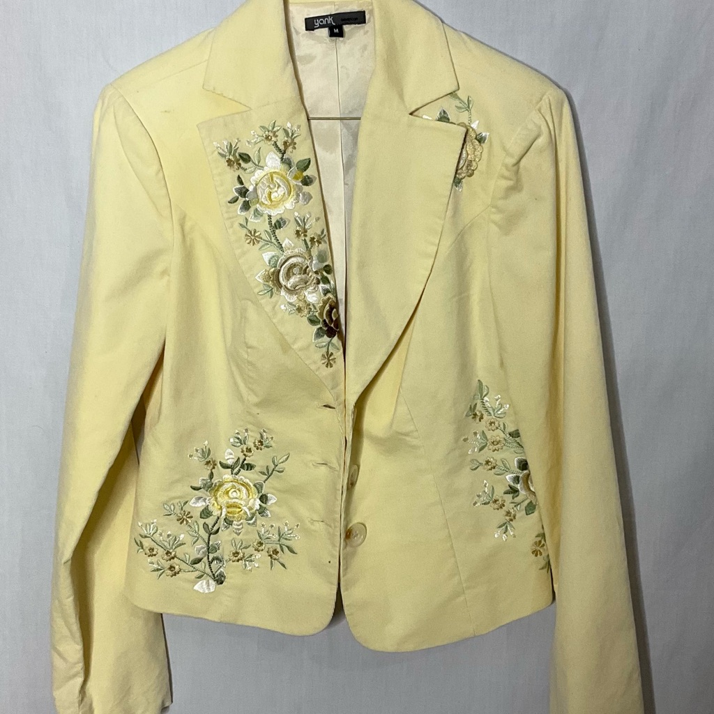 Yank Sz M Women's Yellow Floral Heavy Embroidered Jacket Lined Y2k Cottagecore.